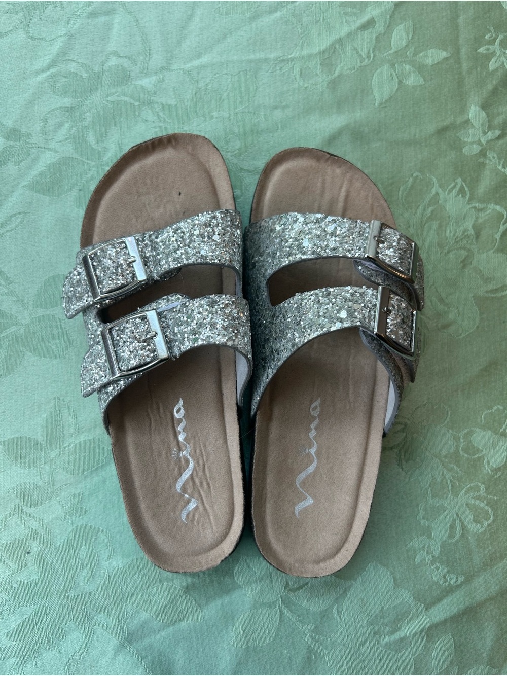 Nina Silver Glitter Double-Buckle Girls' Slide Sandals